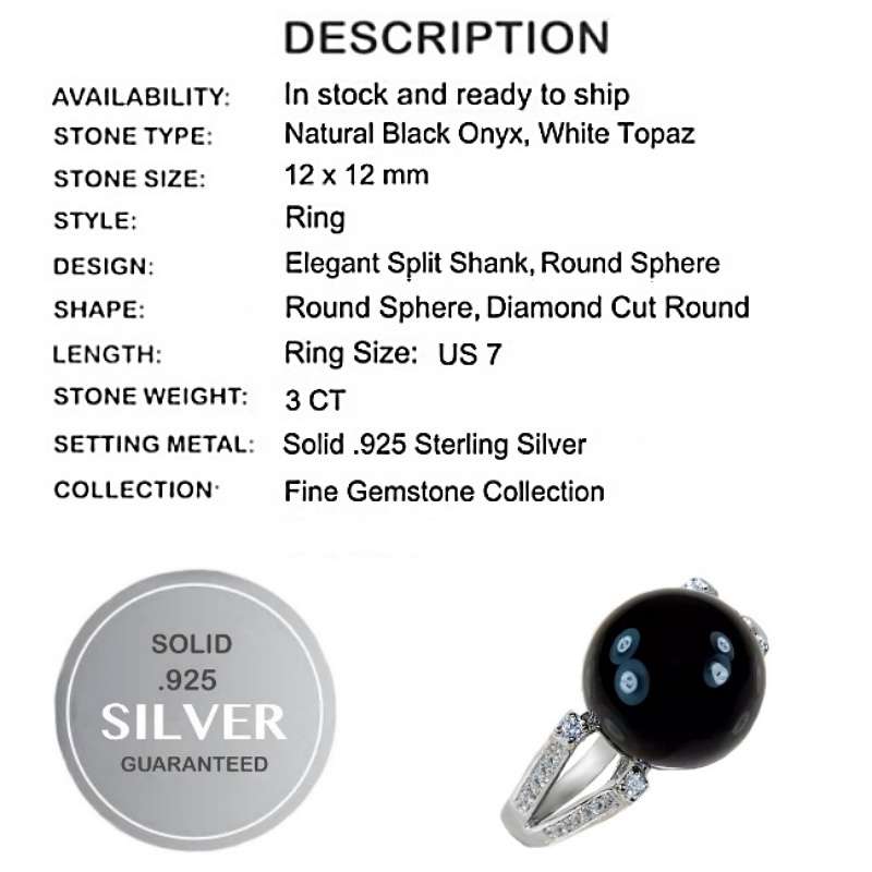 3 Cts Natural Black Onyx and White Topaz set in Solid .925 Sterling Silver Ring Size US 7 / O