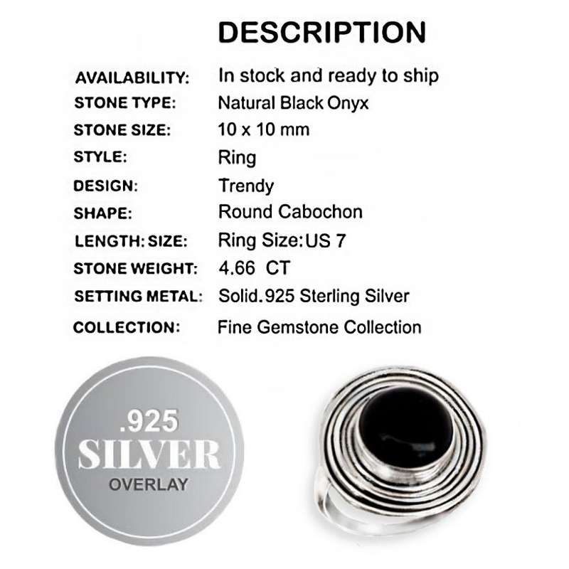 4.66cts Natural Round Black Onyx set in Solid .925 Sterling Silver Dainty Ring Size US 7 / O