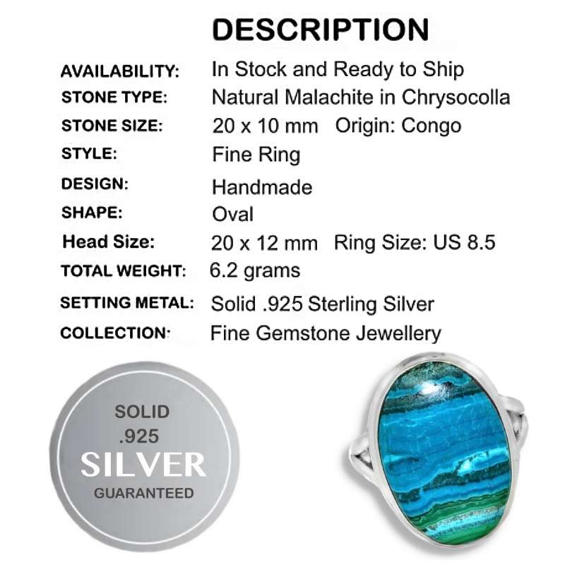Natural Malachite in Chrysocolla Oval Gemstone set in  Solid. 925  S/Silver Ring Size US 8.5 or Q1/2