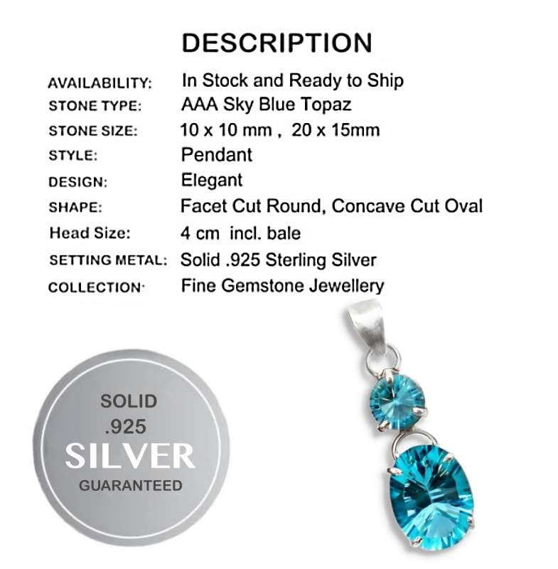 Handmade Sky Blue Concave Cut Blue Topaz set in Solid 925 Sterling Silver Handmade Pendant