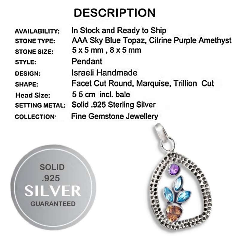 Natural Citrine Blue Topaz and Amethyst Gemstones set in Hammered Solid .925 Sterling Silver Pendant