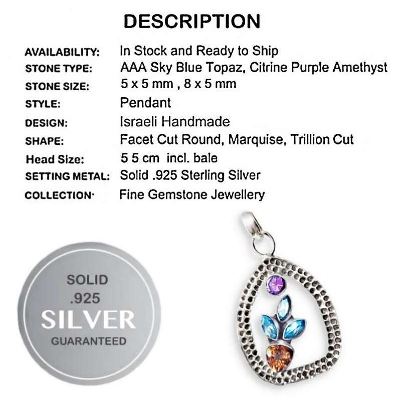 Israeli - Natural Blue Topaz, Amethyst and Citrine set in Solid .925  Sterling Silver Pendant
