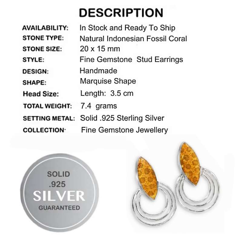 Natural Fossil Coral Set in Solid 925 Sterling Silver Earrings