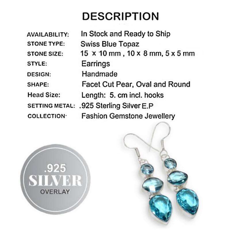 Faceted Blue Quartz Mixed Shape Gemstones set in .925 Sterling Silver Plated Handmade Earrings