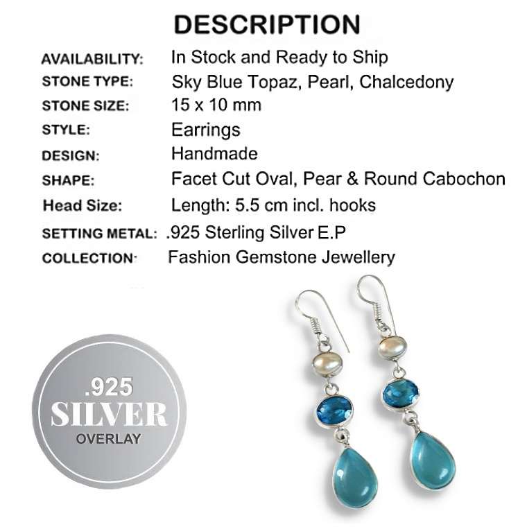 Blue Topaz, White River Pearl, Chalcedony Gemstone in .925 Sterling Silver Plated Handmade Earrings