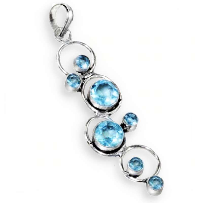 Mixed Sizes Round Blue Topaz set in 925 Sterling Silver Plated Handmade Pendant