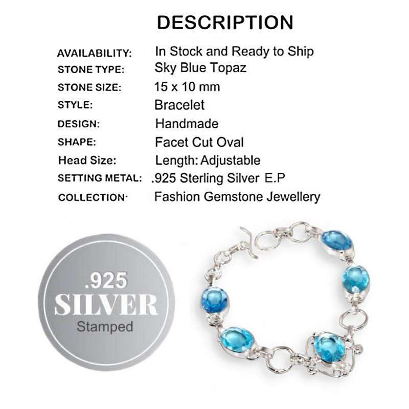 Stunning Blue Topaz Oval Gemstones in .925  Sterling Silver Plated Handmade Bracelet