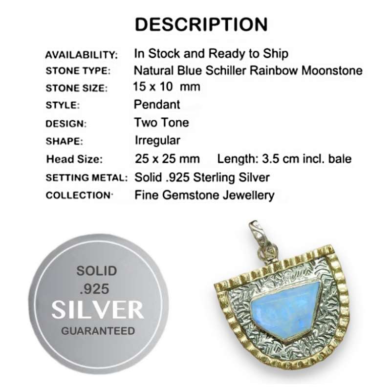 Two Tone Natural Rough Shape Rainbow Moonstone Gemstone set in Solid .925 Sterling Silver Pendant
