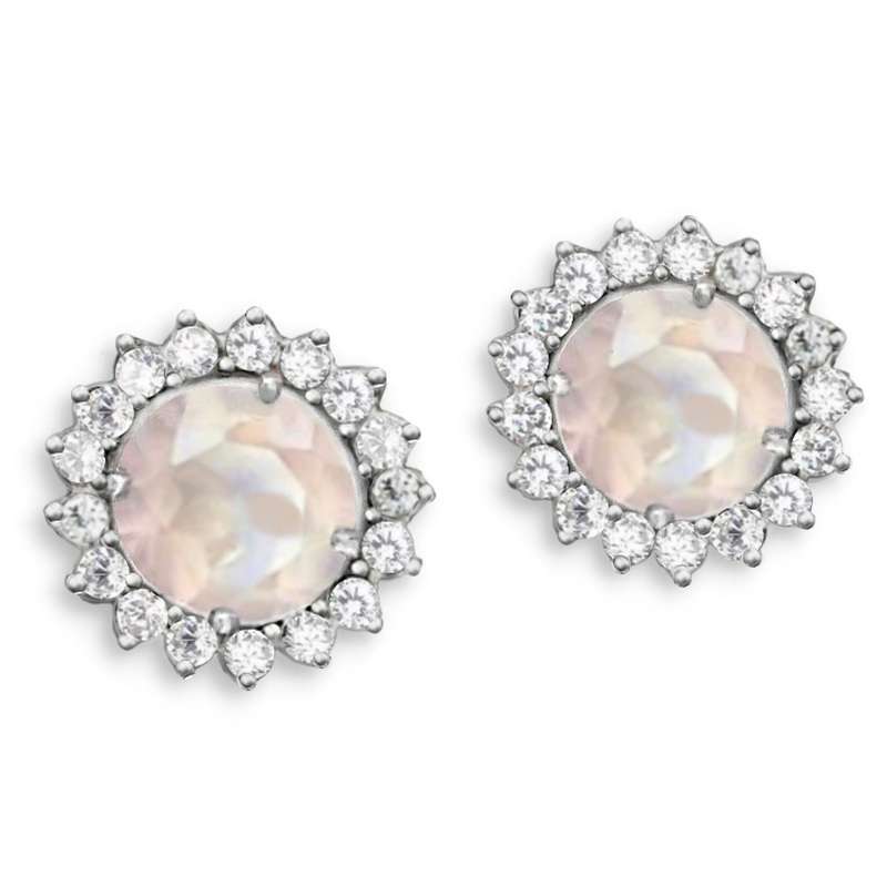 Natural Rose Quartz, AAA White Cubic Zirconia Solid.925 Sterling Silver 14K White Gold Stud Earring
