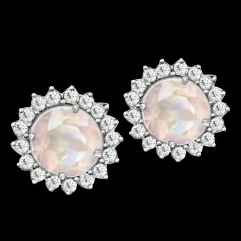 Natural Rose Quartz, AAA White Cubic Zirconia Solid.925 Sterling Silver 14K White Gold Stud Earring