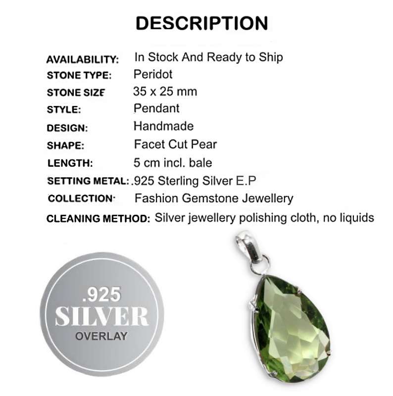 Faceted Peridot Pear Shape set in .925 Sterling Silver Plated Handmade Pendant