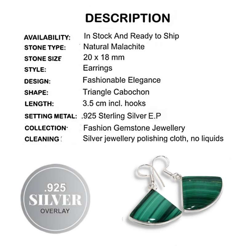 Natural Fan Shape Malachite Gemstone set in  925 Sterling Silver Plated Handmade Earrings