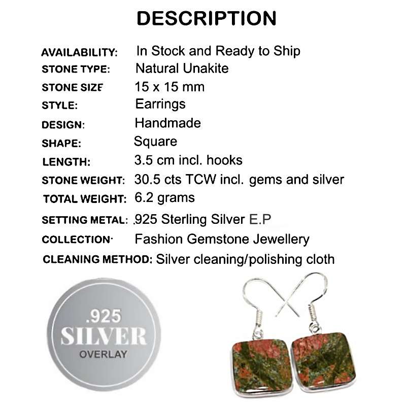 Natural Unakite Square Gemstone Set in .925 Sterling Silver Plated Handmade Earrings