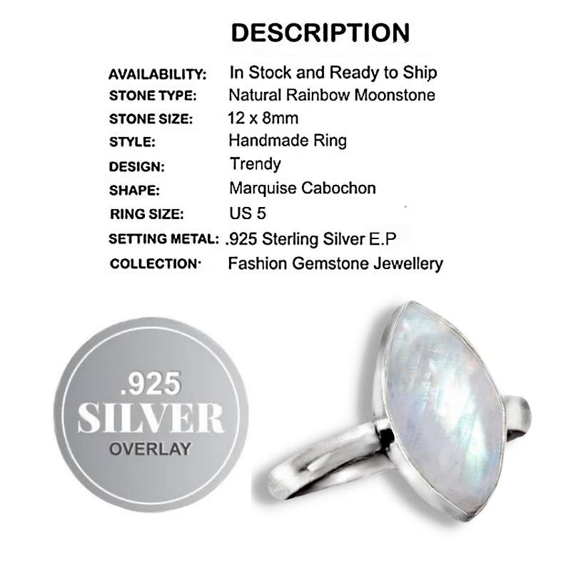 Dainty Natural Marquise Rainbow Moonstone in .925 Sterling Silver Plated Ring Size US 5 or J1/2