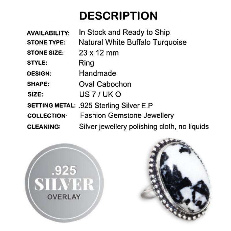 Natural White Buffalo Turquoise Oval Gemstone set in .925 Sterling Silver Plated Ring US 7 / UK O