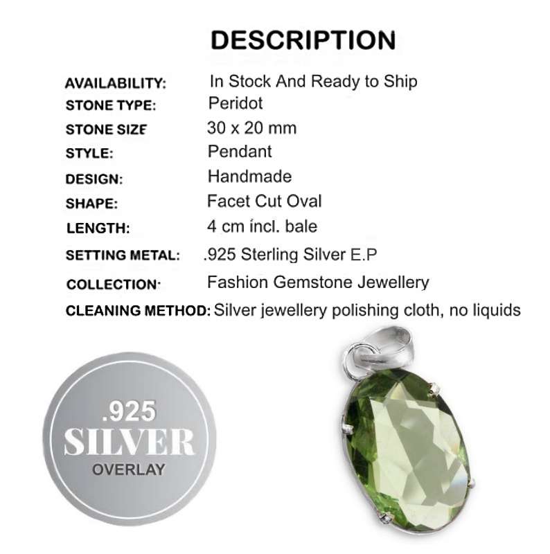 Faceted Peridot Oval Gemstone set in .925 Sterling Silver Plated Handmade Pendant
