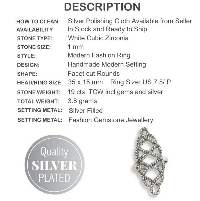 Trendy White Cubic Zirconia  Silver Filled Ring Size 7.75