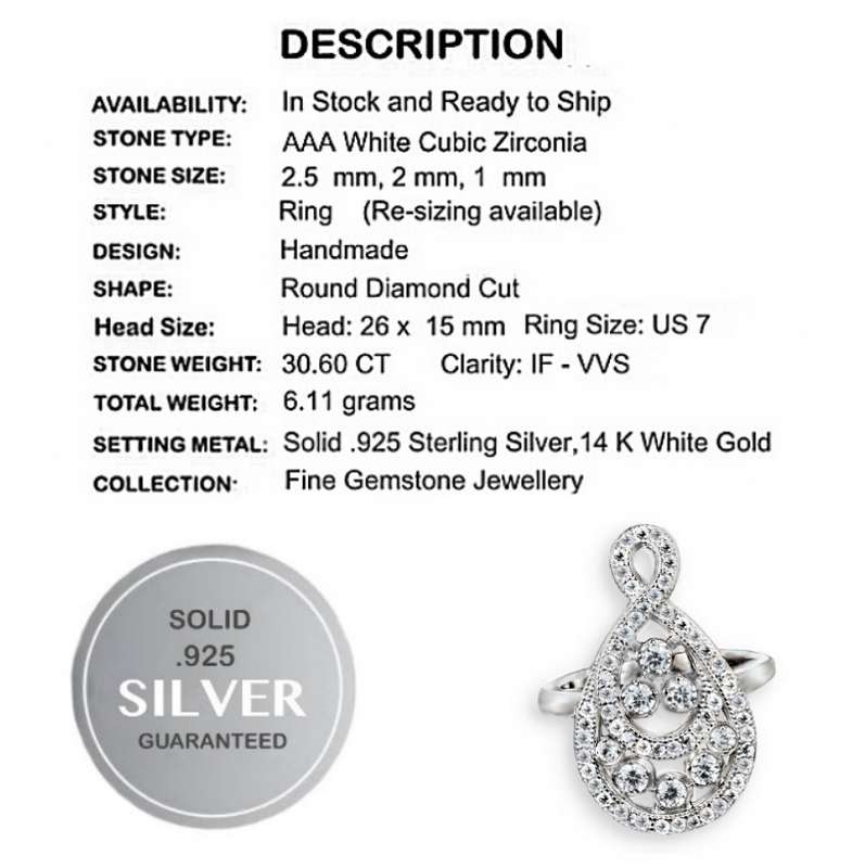 Artistic Eternity Symbol AAA Wedding Engagement White Cubic Zirconia Solid.925 Silver Ring Size 7