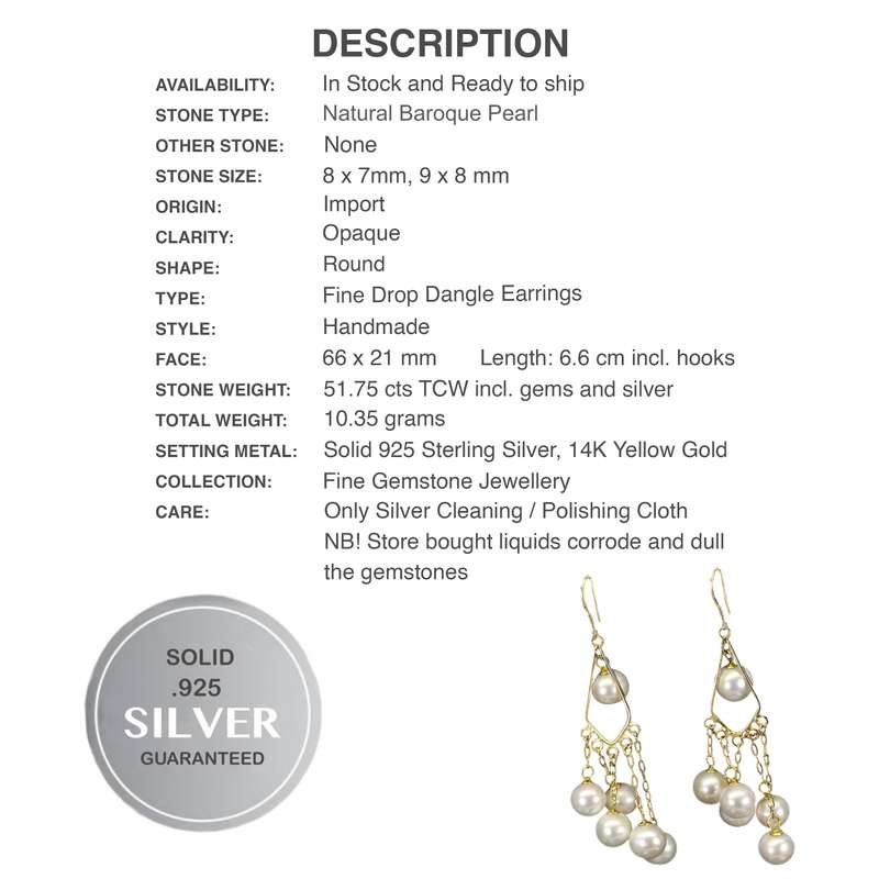 Deluxe Creamy White Baroque Pearl set in Solid .925 Sterling Silver 14K Yellow Gold Earrings