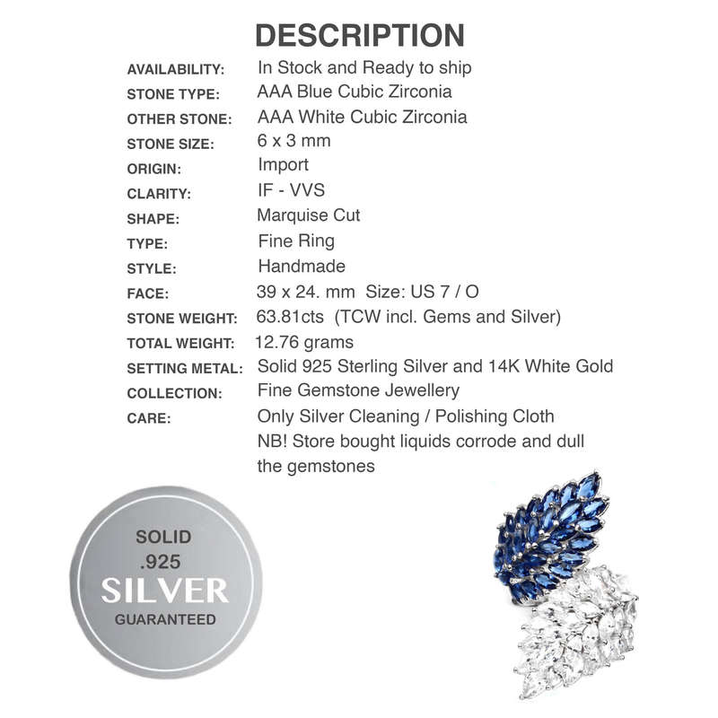 63,81 cts Deluxe Blue and White Cubic Zirconia in Solid 925 Silver 14K White Gold Ring Size 7 / O