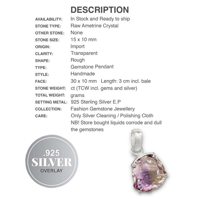 Natural Ametrine Rough Gemstone set in .925 Sterling Silver Plated Dainty Handmade Pendant