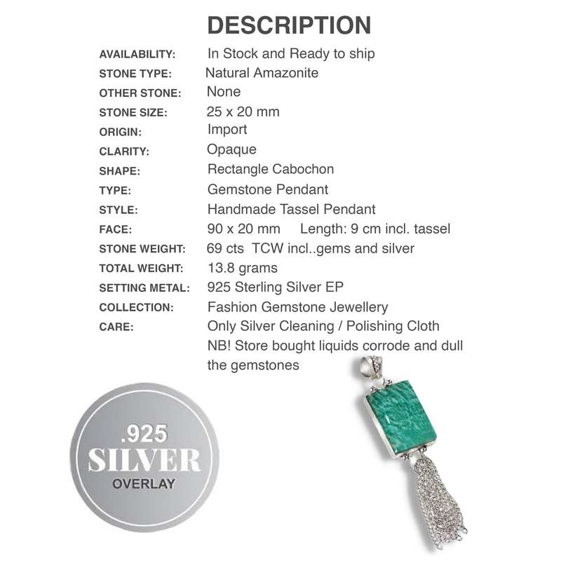 Natural Peruvian Amazonite .925 Sterling Silver Tassel Pendant for a Long Chain
