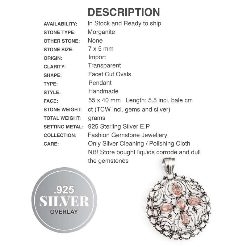 Antique Style Set Faceted Morganite Oval Gemstones .925 Sterling Silver Plated Handmade Pendant