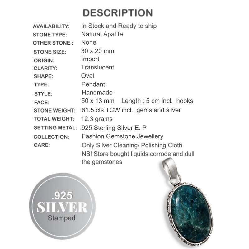 Natural Blue Apatite Oval Gemstone set in .925 Sterling Silver Plated Handmade Pendant