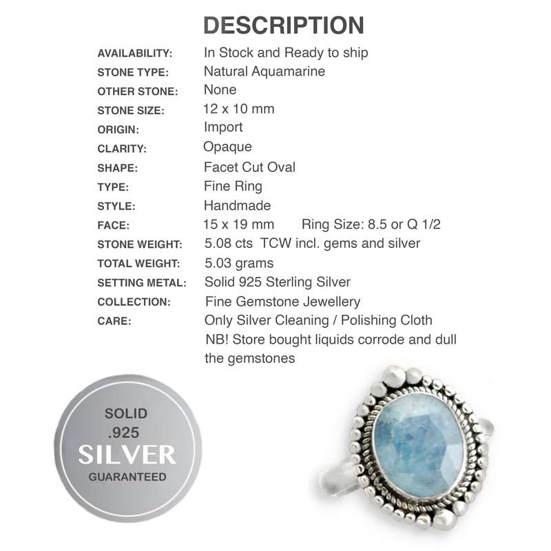 5.08 cts Natural Aquamarine Gemstone Set Solid .925 Sterling Silver Ring Size 8.5 or Q 1/2