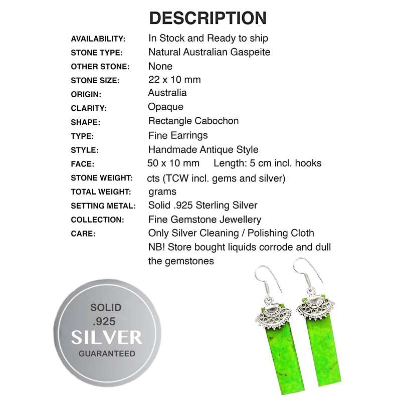 Natural Australian Green Gaspeite Rectangle Gemstones set in Solid .925 Sterling Silver Earrings