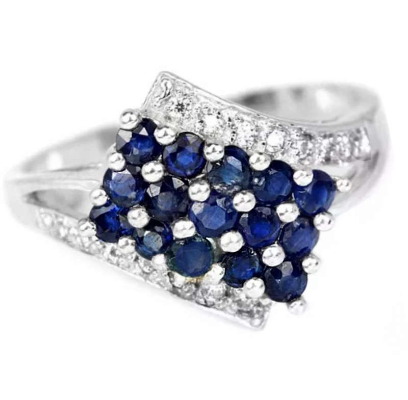 15 Natural Deep Blue Sapphires, White Cubic Zirconia in Solid .925 Sterling Silver 14K W/Gold Ring