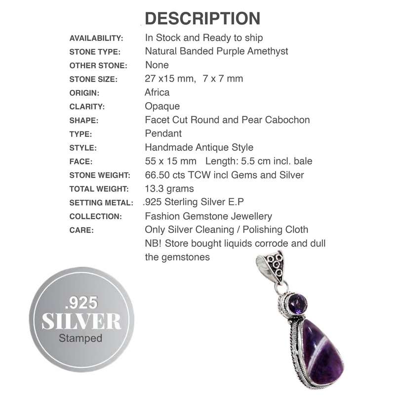 Natural Purple Banded Amethyst Gemstone set in .925 Sterling Silver Plated Antique Style Pendant