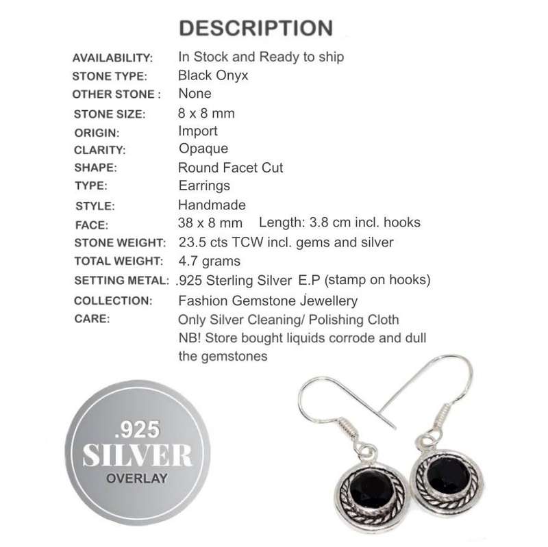 Black Onyx Round set in .925 Sterling Silver Plated Antique Style Dainty Earrings