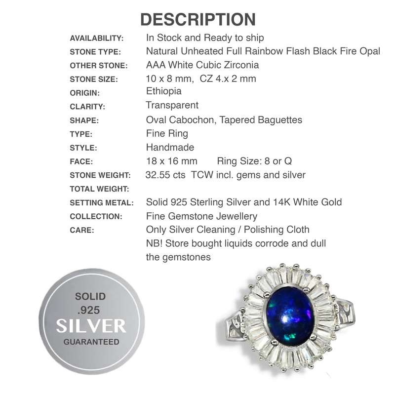 Natural Full Flash Black Fire Opal and White CZ Baguettes in Solid .925 Sterling Silver Ring Sz 8/Q