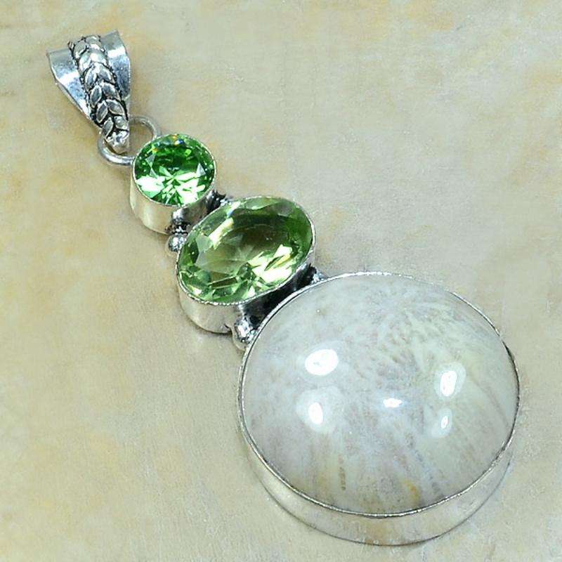 Green Amethyst and Fossil Coral set in .925 Sterling Silver Plated Handmade Pendant