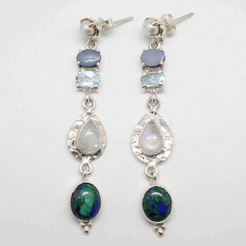 Natural Chrysocolla, Malachite, Moonstone, Azurite Gemstone Solid. 925 Sterling Silver Earrings