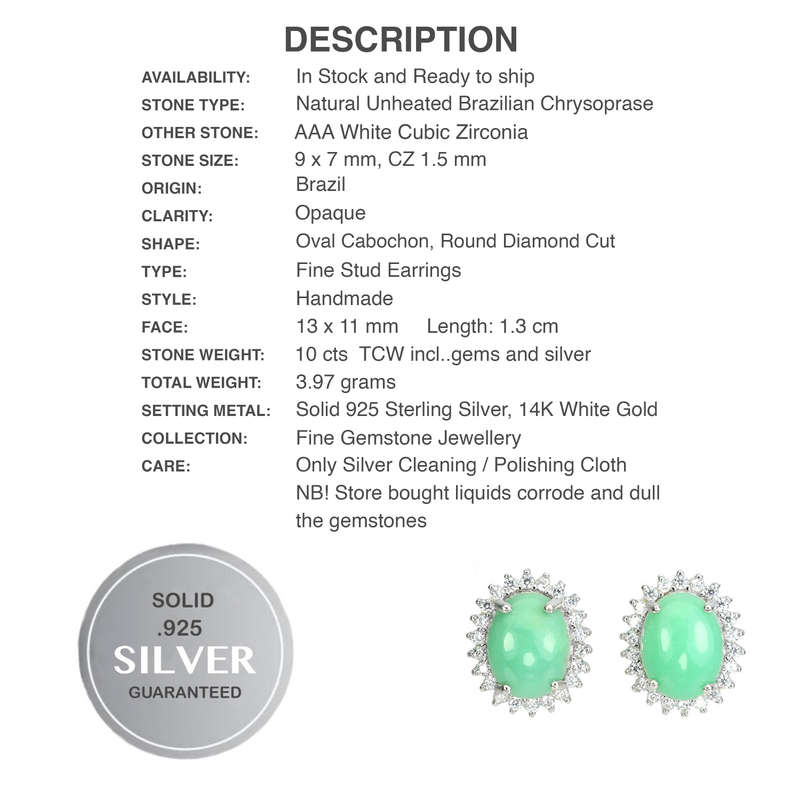 Natural Unheated Brazilian Chrysoprase & White CZ Gemstone Solid. 925 Silver  14K White Gold Earring