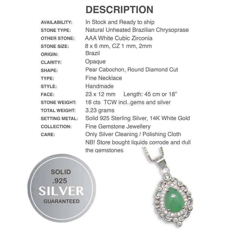 Natural Unheated Brazilian Chrysoprase & White CZ Gemstone in Solid. 925 Silver 14K White Gold Neckl