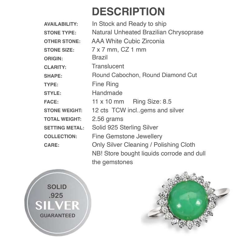 Natural Unheated Brazilian Chrysoprase and White CZ Gemstone Solid. 925 S/Silver Ring Size US 8.5