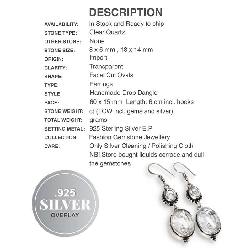 Clear Quartz Facet Cut Ovals set in .925 Sterling Silver Plated Handmade Antique Style Earrings
