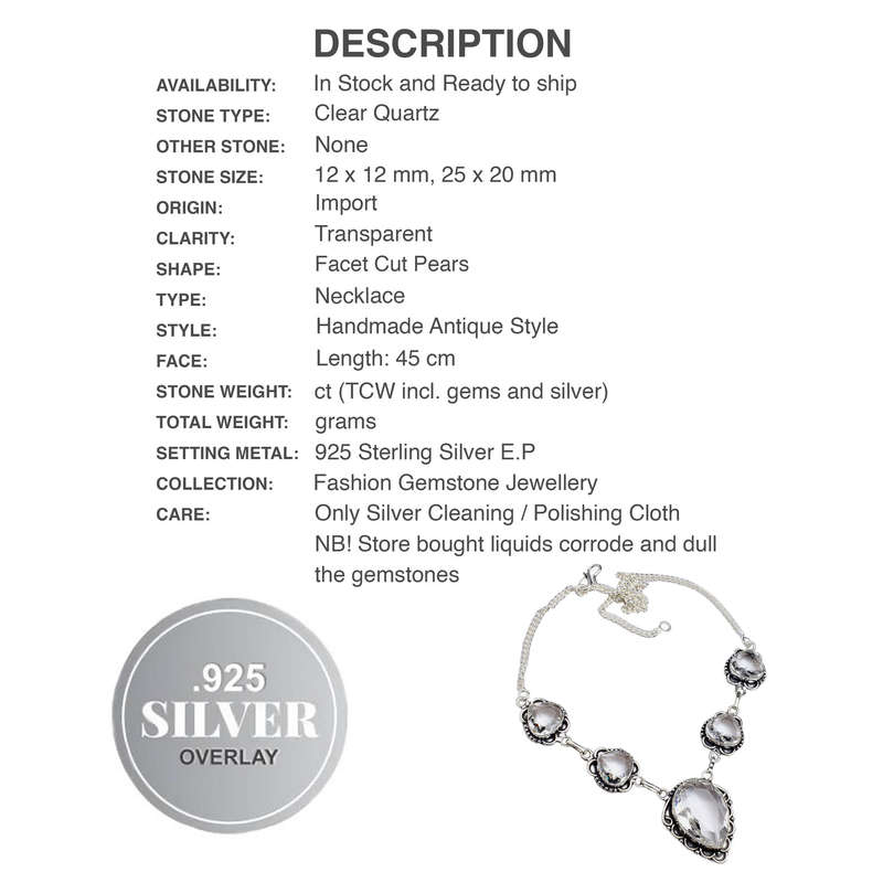 Clear Quartz Pears Set in Antique Style .925 Sterling Silver Plated Handmade Necklace