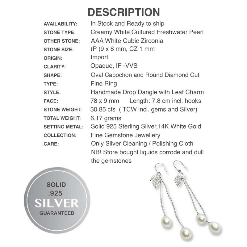 Creamy White Freshwater Pearl, White Cubic Zirc in Solid .925 Sterling Silver 14K W/Gold Earrings