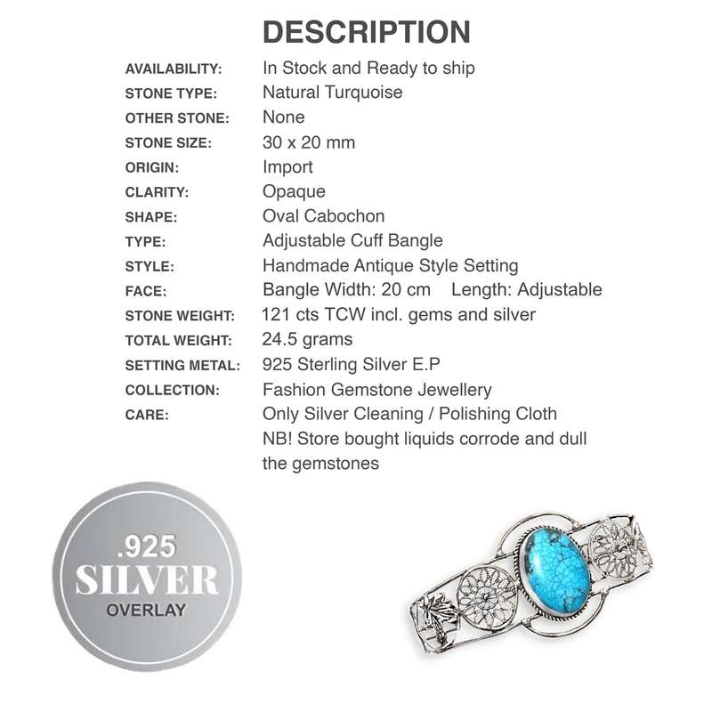 Indonesian Bali Java -Natural Oval Turquoise Gemstone .925 Sterling Silver Plated Cuff Bangle
