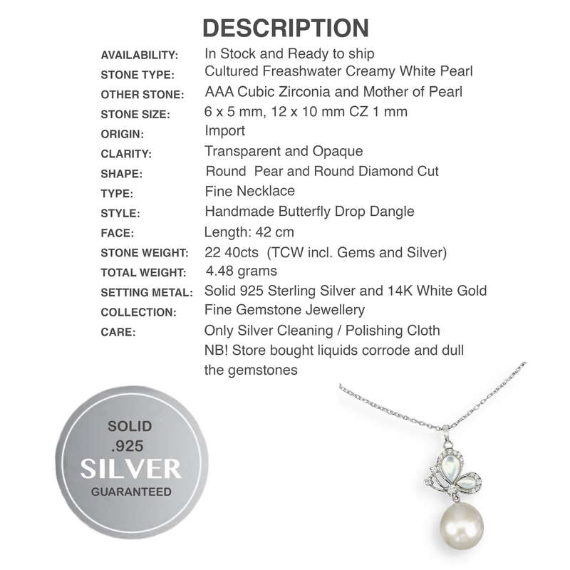 Natural Freshwater Pearl AAA White CZ Mother of Pearl Solid. 925 Sterling Silver 14K W/Gold Necklace