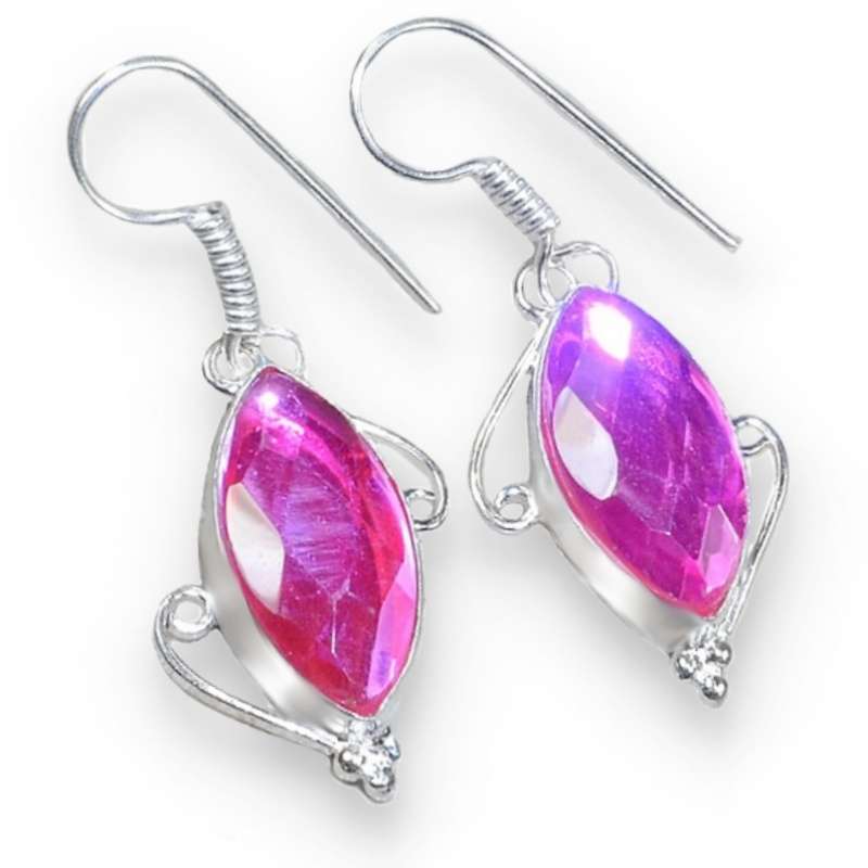 Pink Mystic Fire Topaz set in .925 Sterling Silver Plated Handmade Dainty Earrings