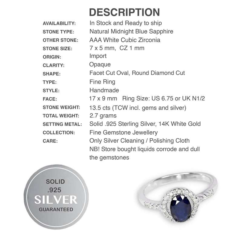 Deluxe Natural Blue Sapphire & White Cubic Zirconia in Solid 925 Silver 14K W/Gold Ring Size 6.75