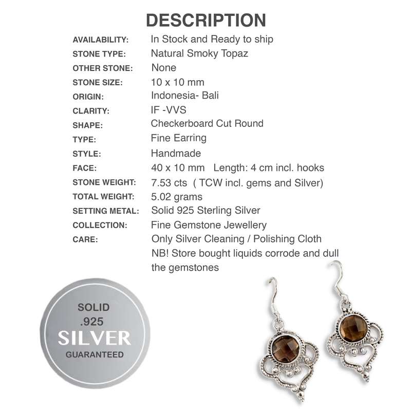 Indonesian 7.53 Cts Natural Smoky Quartz in Solid .925 Sterling Silver Earrings