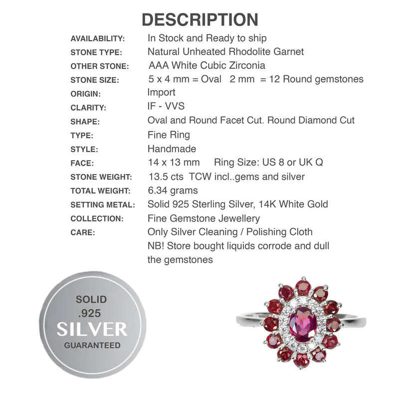 Natural Rhodolite Garnet Diamond Cut White Cubic Zirconia Solid .925 Silver Ring Size US 8 / Q
