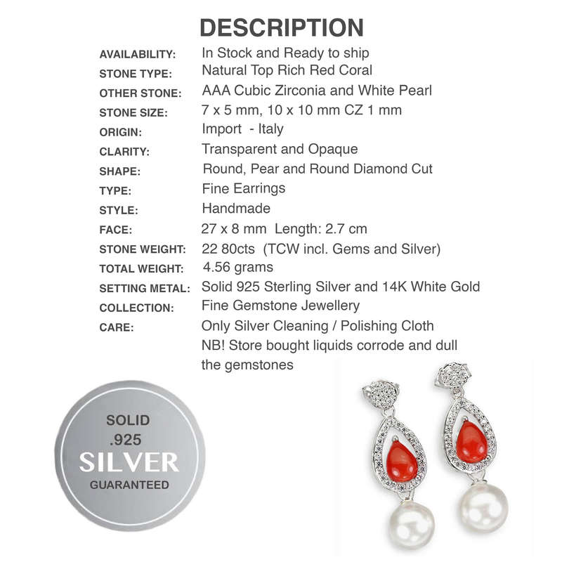 Natural Unheated Italian Coral, Pearl & AAA White CZ in Solid Sterling Silver W/Gold Stud Earrings
