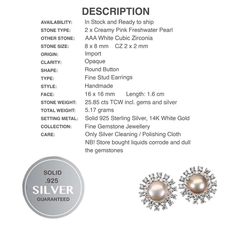 Deluxe Natural Creamy Pink Pearl White Cubic Zirconia Solid 925 Sterling Silver Stud Earrings